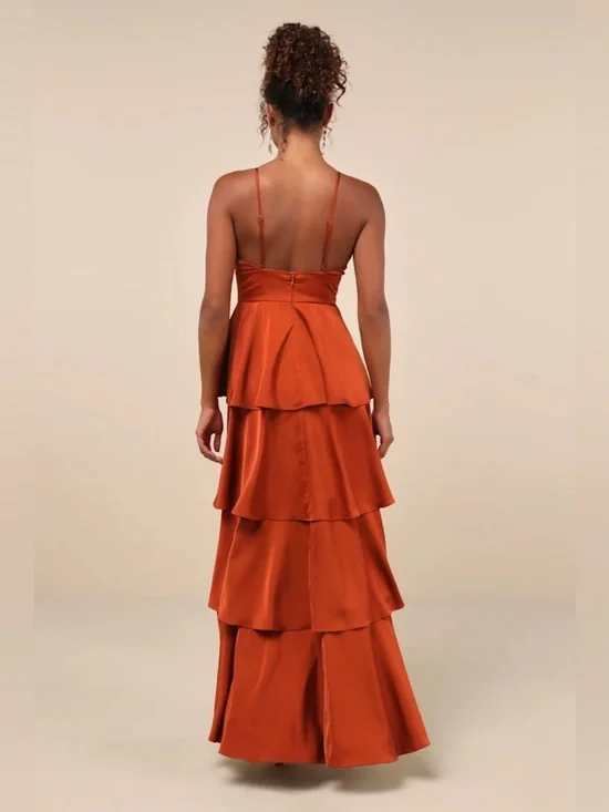 Lulus Going with Elegance Rust Brown Satin Tiered Gown - Picture 2 of 13